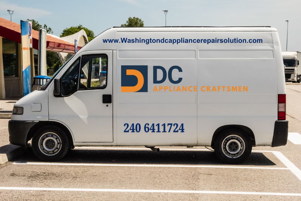 A white van labeled "DC" parked in a parking area, associated with appliance repair services in Washington, DC.