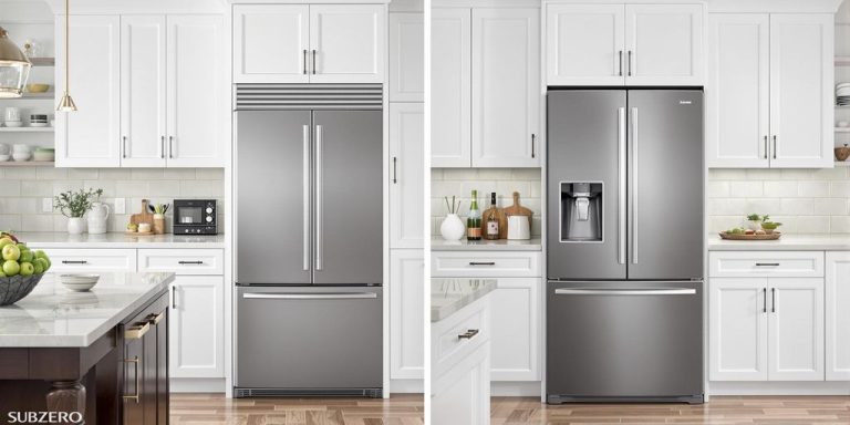 Side-by-side kitchen photos featuring stainless steel appliances, focusing on the choice between built-in and freestanding SubZero models.